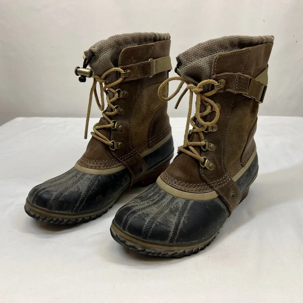 Sorel Slimpack Riding Tall Brown Black Leather Waterproof Duck Boots Womens 8.5